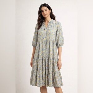 Mable Relaxed Fit Tiered Floral Midi Shirt Dress cottagecore prairie size Small